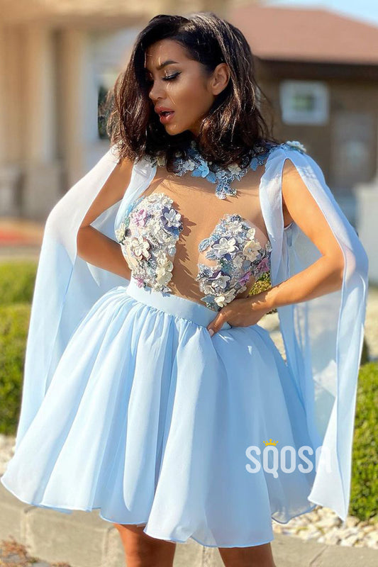 A-line 3D Appliques Sky Blue Chiffon Short Homecoming Dress QS2360|SQOSA