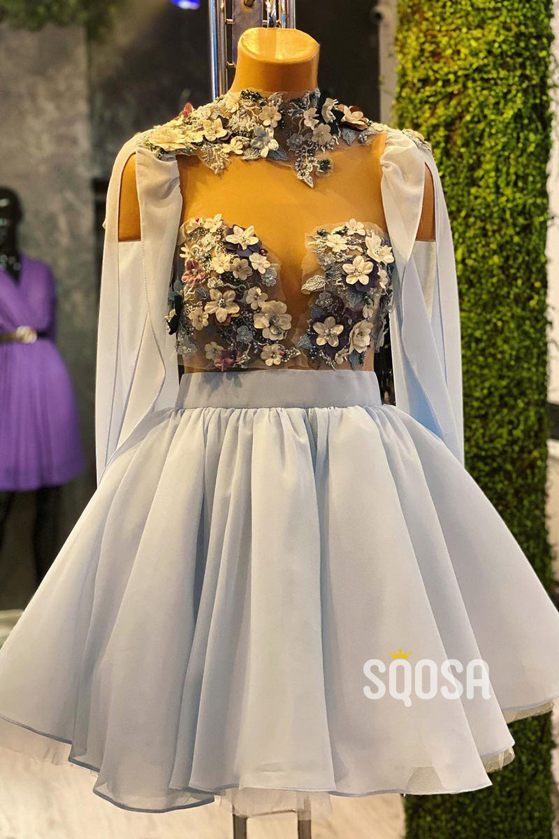 A-line 3D Appliques Sky Blue Chiffon Short Homecoming Dress QS2360|SQOSA