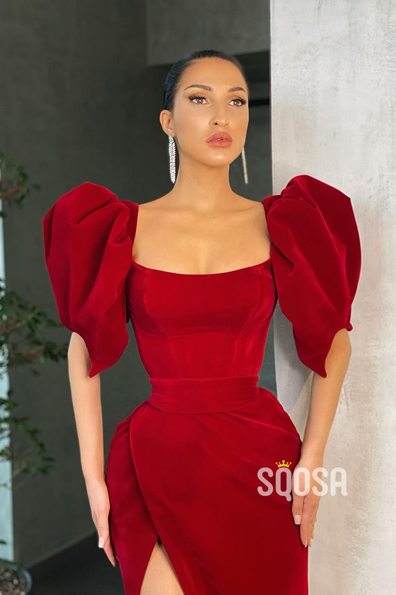 Chic Scoop Half Sleeves Red Vintage Prom Dress with Slit QP2296