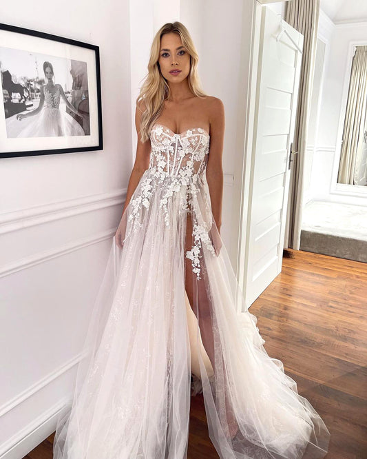 A-line Sweetheart Lace Appliques High Split Rustic Wedding Dress QW2281|SQOSA