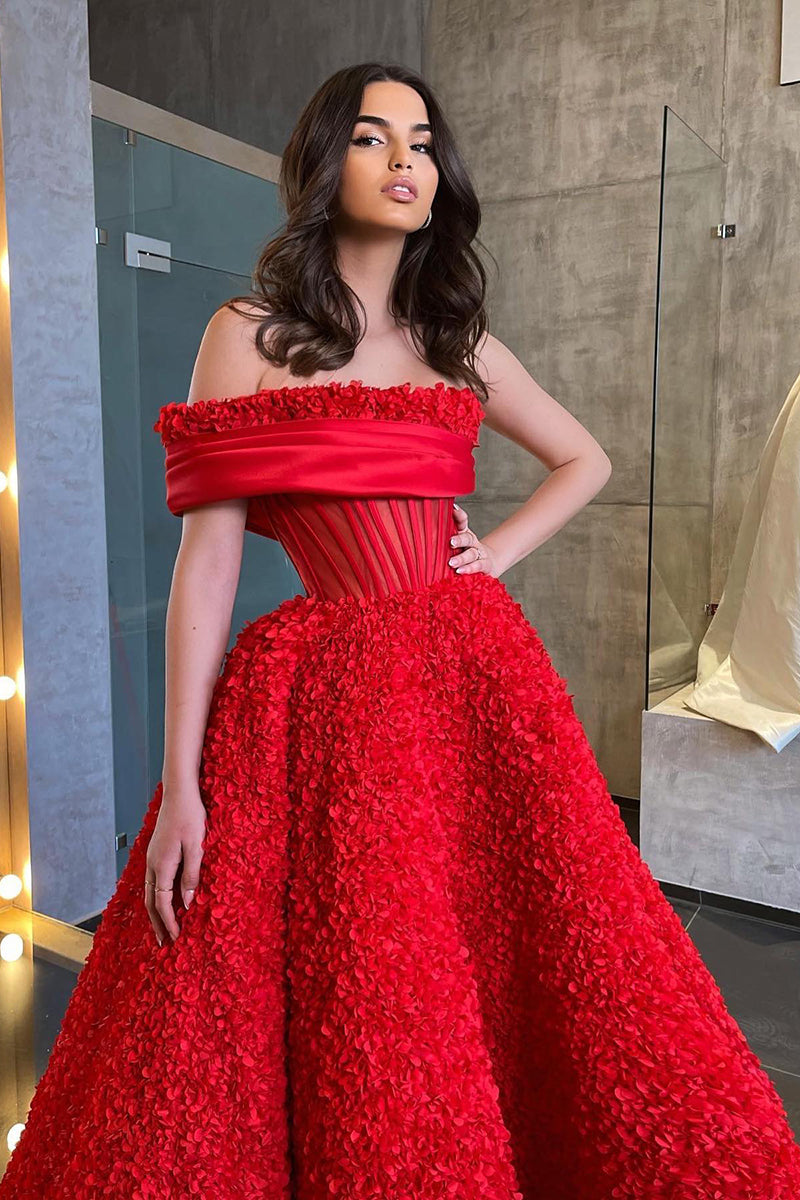 Off the Shoulder Ruffles Red Long Prom Ball Gown QP2441