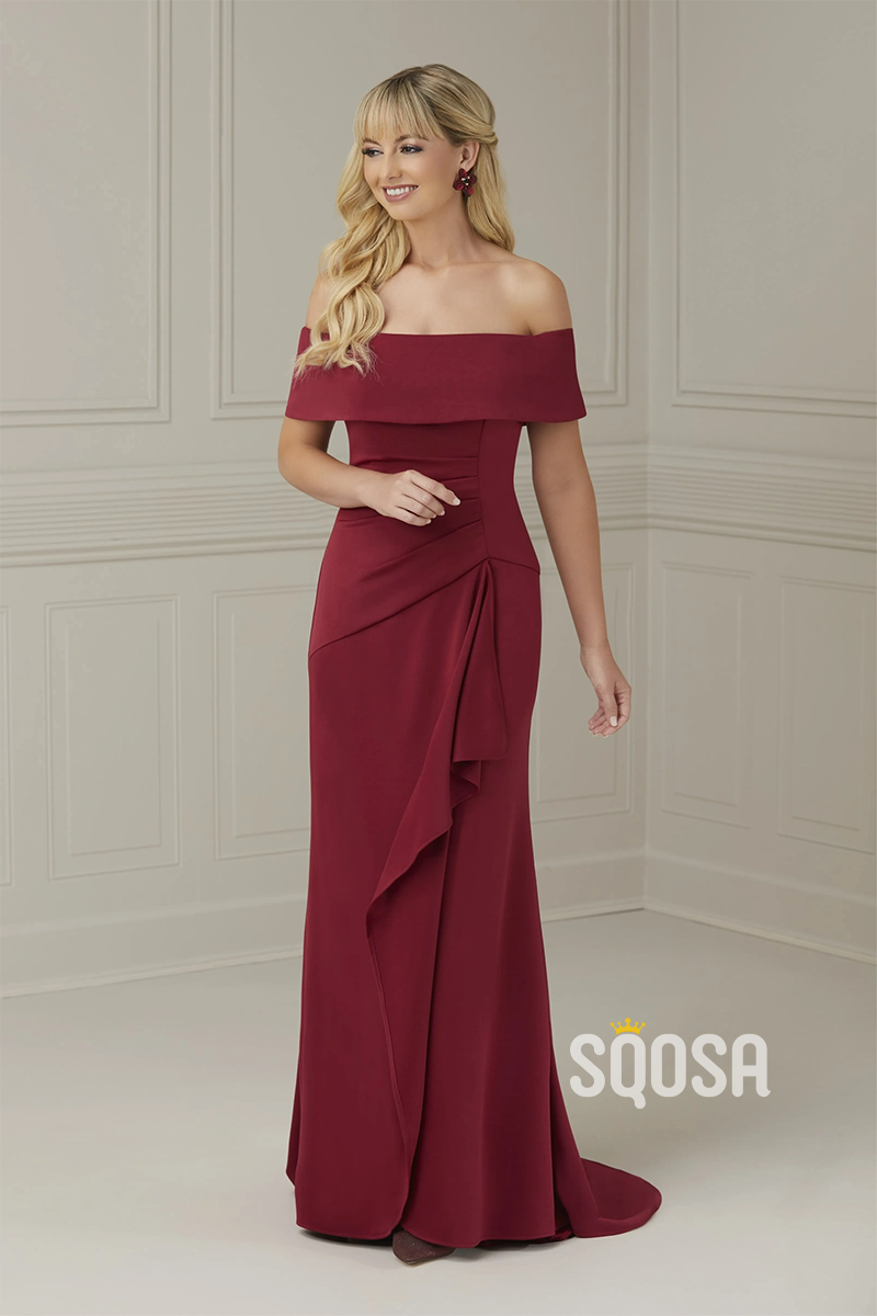 Off the Shoulder Satin Pleated Burgundy Plus Size Mother of the Bride Dress QM3144