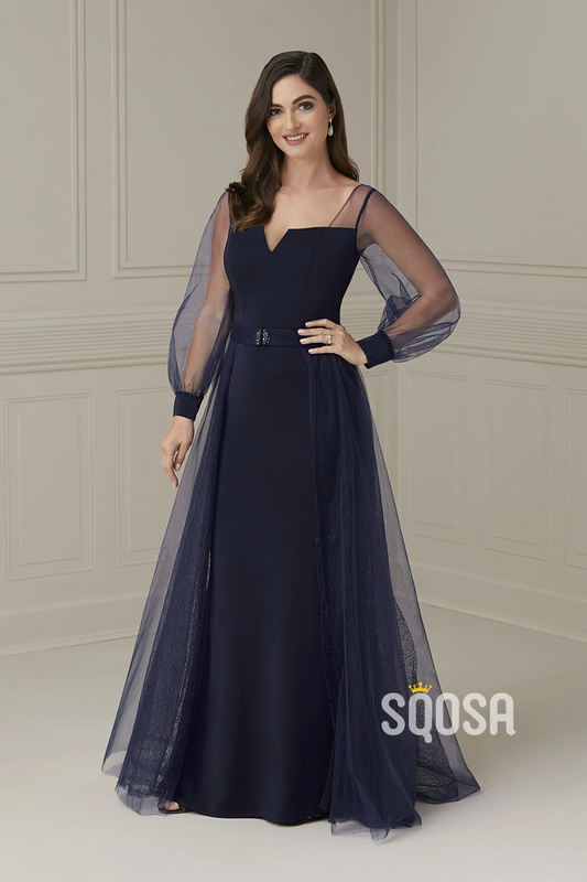 Sheath Square Neckline Long Sleeves Mother of the Bride Dress with Detachable Skirt QM3142