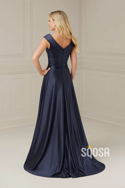 A Line Cap Sleeves Satin Pleated Elegant Plus Size Mother of the Bride Dress with Pockets QM3145