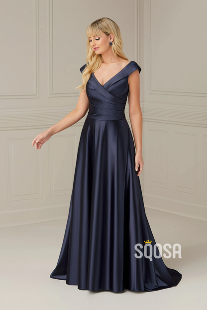 A Line Cap Sleeves Satin Pleated Elegant Plus Size Mother of the Bride Dress with Pockets QM3145
