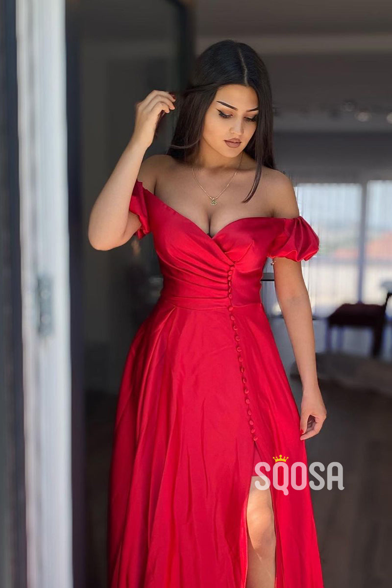 Unique Off the Shoulder Red Satin High Split Long Prom Dresses QP1134|SQOSA