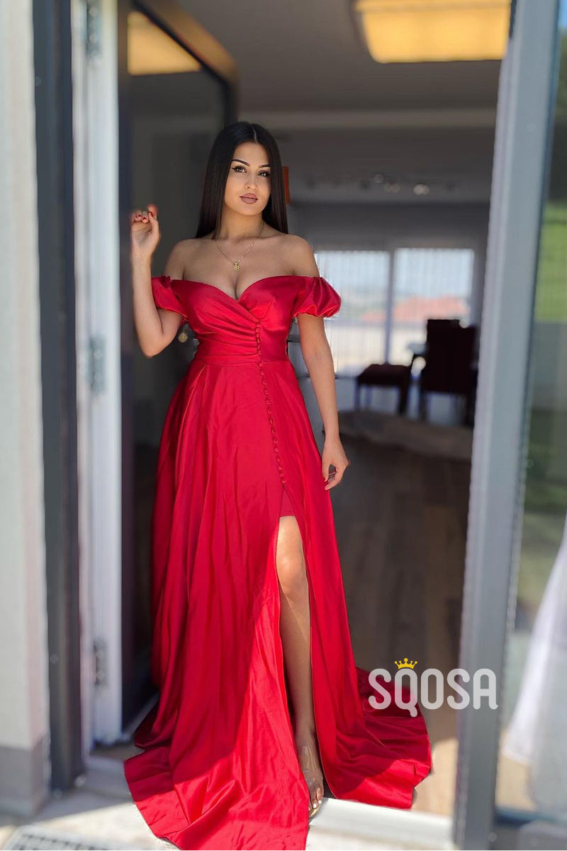 Unique Off the Shoulder Red Satin High Split Long Prom Dresses QP1134|SQOSA