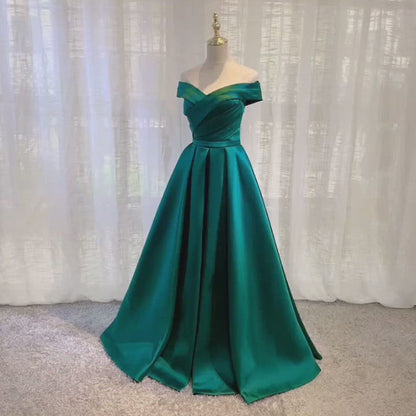 Unique Off-Shoulder Green Satin Pleat Long Formal Dress QP2656
