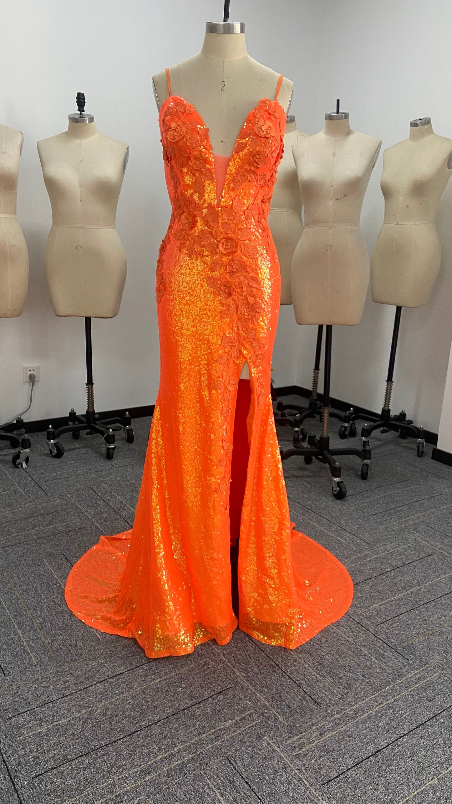 Spaghetti Straps Orange Sequins Appliques Long Prom Dress with Slit QP2551