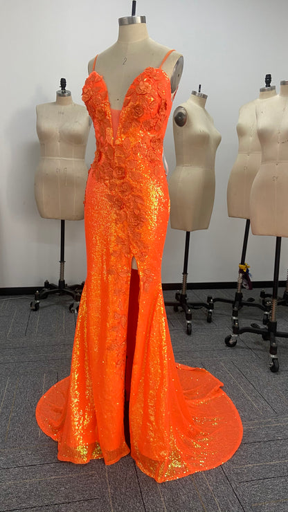 Spaghetti Straps Orange Sequins Appliques Long Prom Dress with Slit QP2551