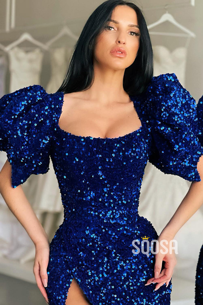 Unique Scoop Half Sleeves Sequins Sparkly Prom Dress with Slit QP2293|SQOSA