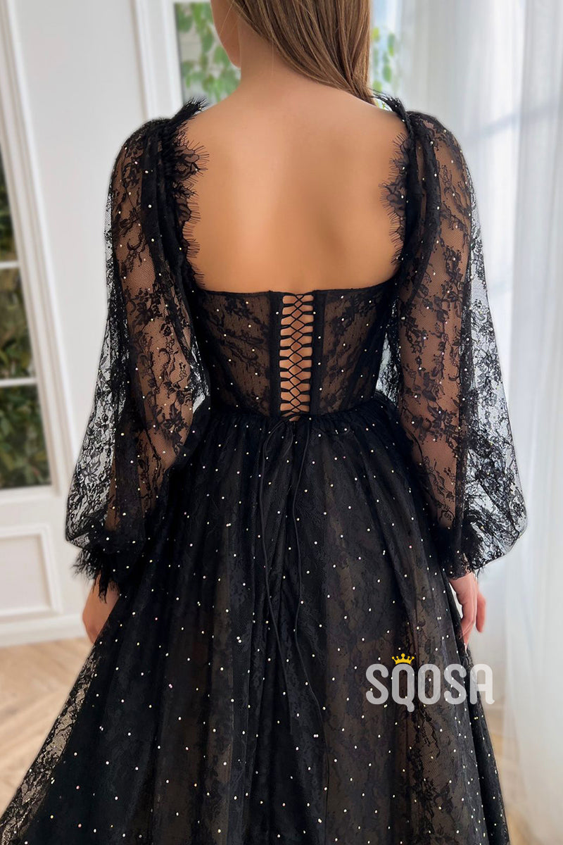 A-line Sweetheart Long Sleeves Lace Vintage Prom Dress with Slit QP2222