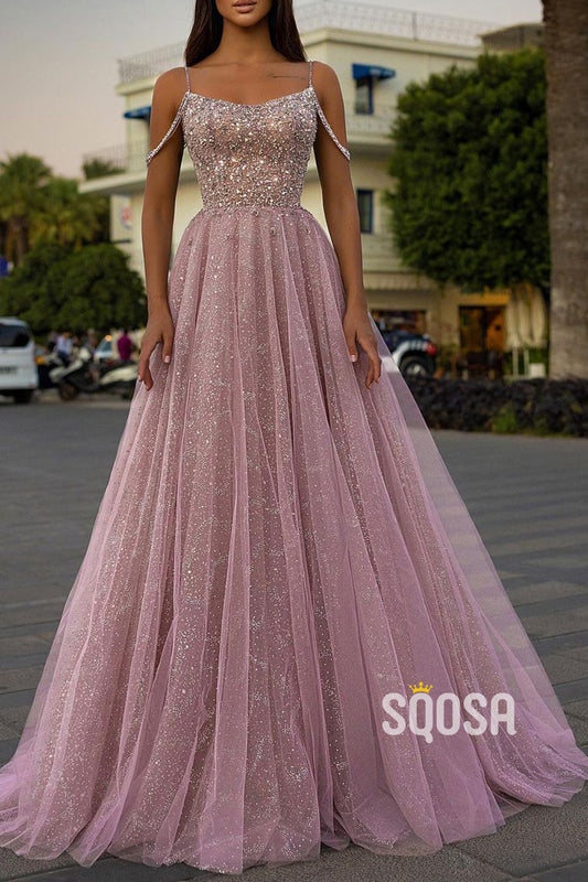 Women's Spaghetti Straps Beads Pink Long Prom Dresses QP0993