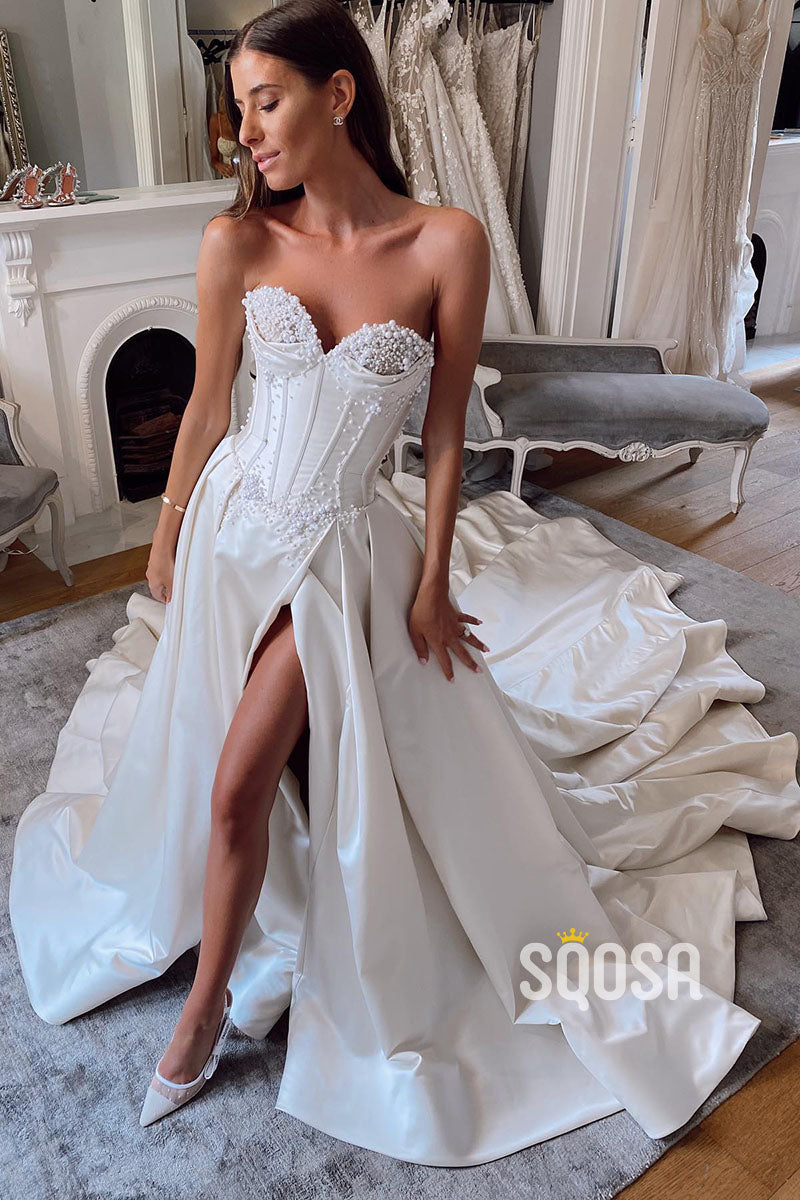 A-line Sweetheart Beads High Split Satin Rustic Wedding Dress QW2330|SQOSA