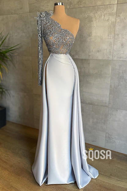 One Shoulder Beads Long Sleeves Long Formal Evening Gowns QP1048