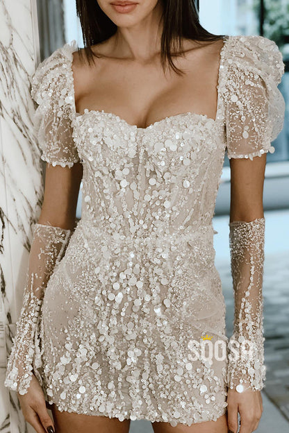 Sweetheart Short Sleeves Beaded Lace Short Wedding Dress QW2371