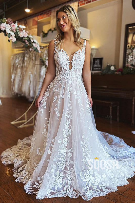 Sexy Illusion Neckline Lace Appliques A Line Rustic Wedding Dress QW2380