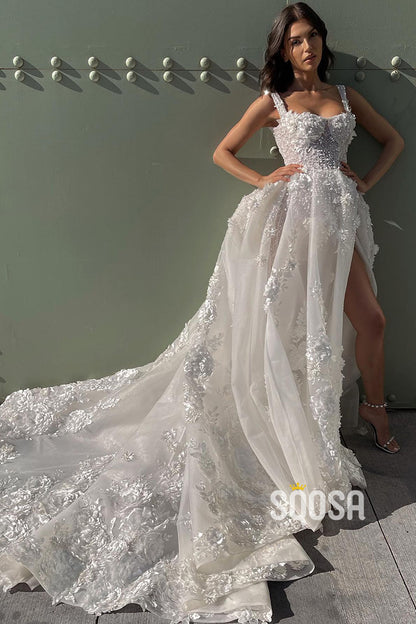 Double Straps Illusion Lace Bohemian Wedding Dress with Slit QW2358