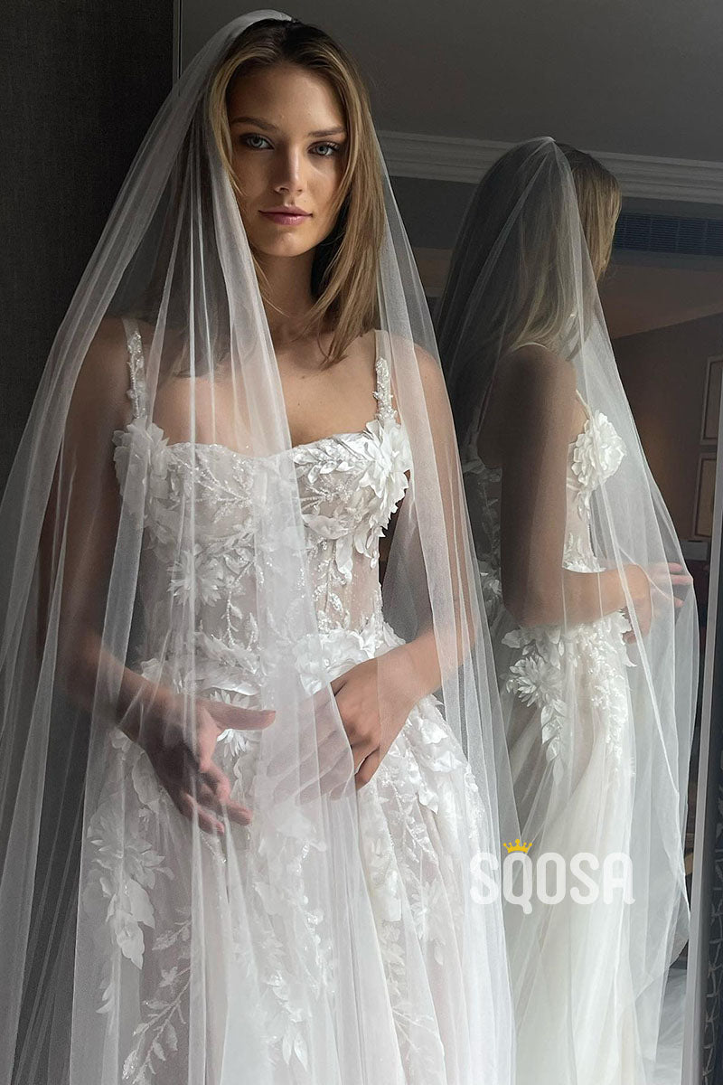 A-line Illusion 3D Appliques Bohemian Wedding Dress QW2340