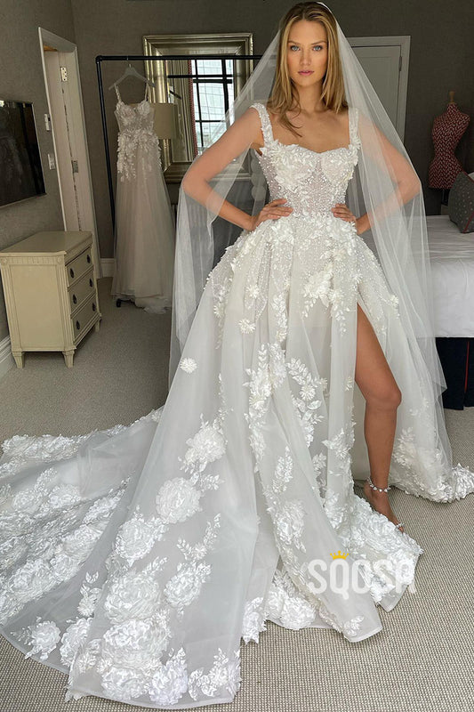 Illusion Lace 3D Appliques High Split Romantic Bohemian Wedding Dress QW2347|SQOSA