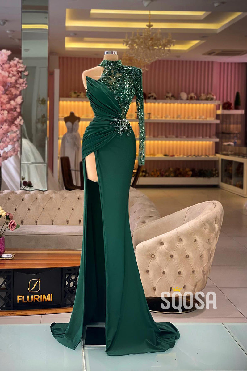 Unique High Neckline Beads Long Sleeves Formal Evening Gowns QP2267