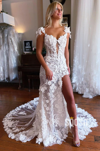 Illusion V-Neck 3D Lace Bohemian Wedding Dress with Slit QW2389