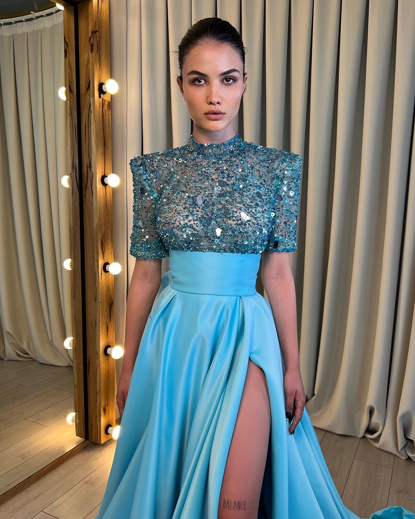Unique High Neckline Beads Half Sleeves Sparkly Prom Dress with Slit QP1427