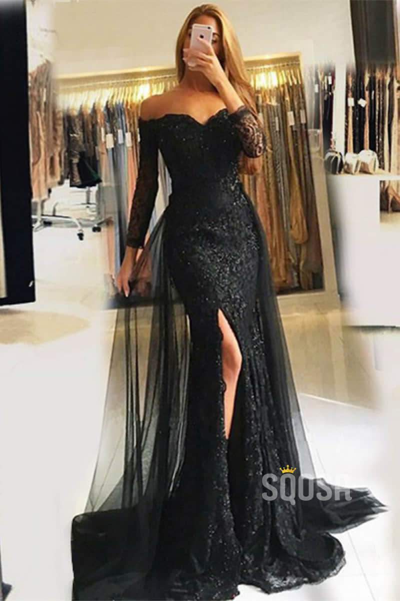 Mermaid Off-the-Shoulder Long Sleeve Lace Prom Evening Dress with Slit QP0832|SQOSA