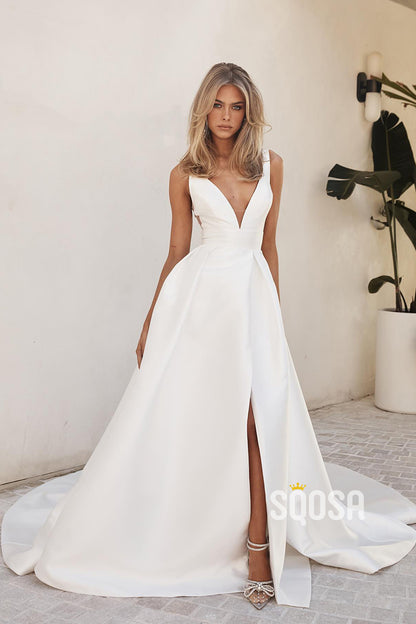 Plunging V -Neck Satin Simple Rustic Wedding Dress Bridal Gown QW2196