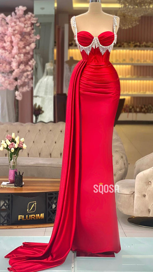 Bead Straps Pleats Red Long Formal Evening Gowns QP1229