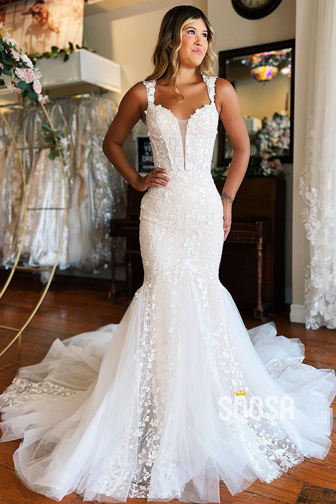 Plunging V-Neck Lace Appliques Mermaid Wedding Dress QW2388|SQOSA