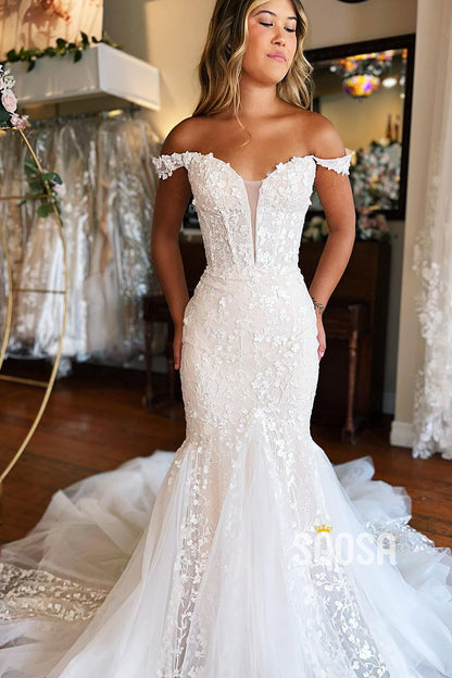 Plunging V-Neck Lace Appliques Mermaid Wedding Dress QW2388|SQOSA
