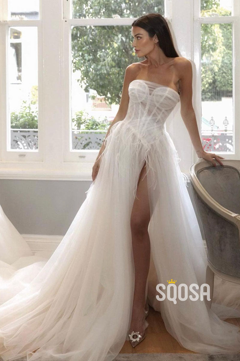 A-line Illusion Feathers High Split Bohemian Wedding Dress QW2375