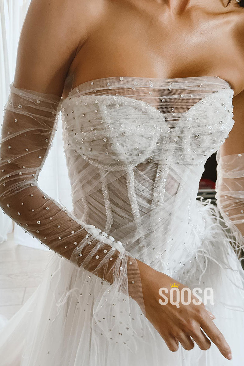 A-line Illusion Feathers High Split Bohemian Wedding Dress QW2375