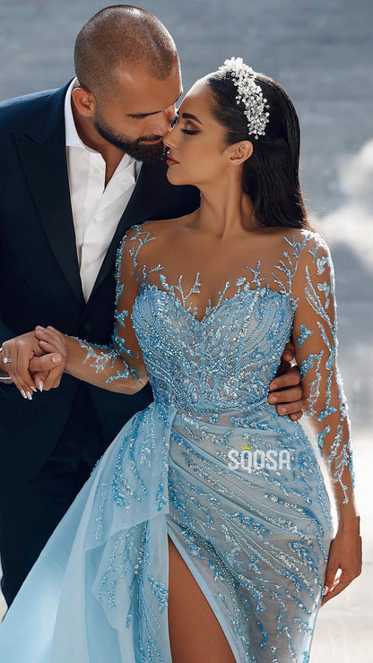 Illusion Neckline Beaded Lace Long Sleeves Prom Formal Dress with Slit QP2900