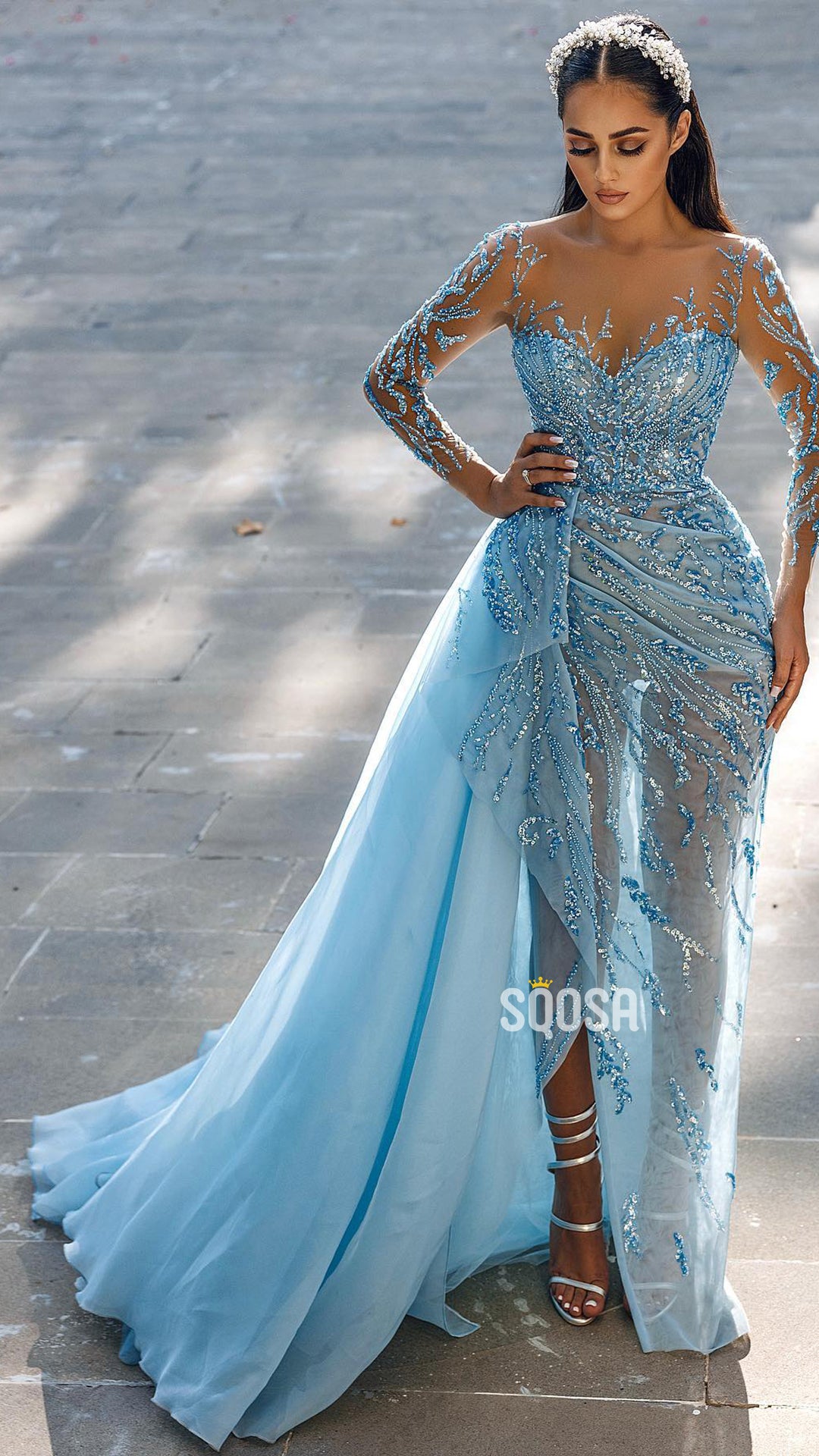 Illusion Neckline Beaded Lace Long Sleeves Prom Formal Dress with Slit –  SQOSA