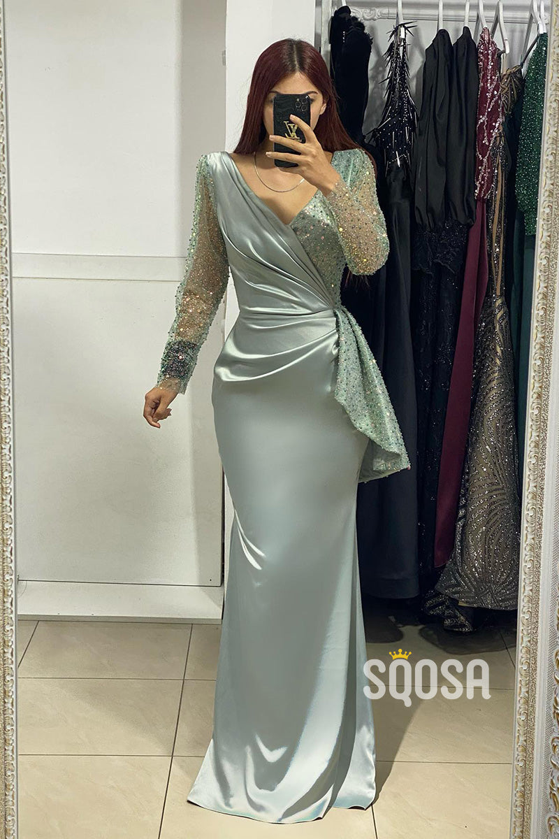 Sheath Sexy V-Neck Long Sleeves Sequins Long Formal Evening Gowns QP2992