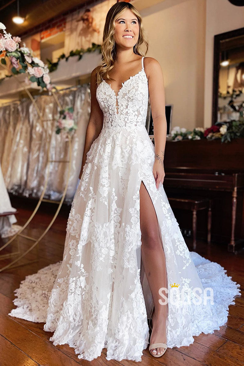 A Line V-neck Illusion Lace Wedding Dress with Slit Bridal Gown QW2386|SQOSA