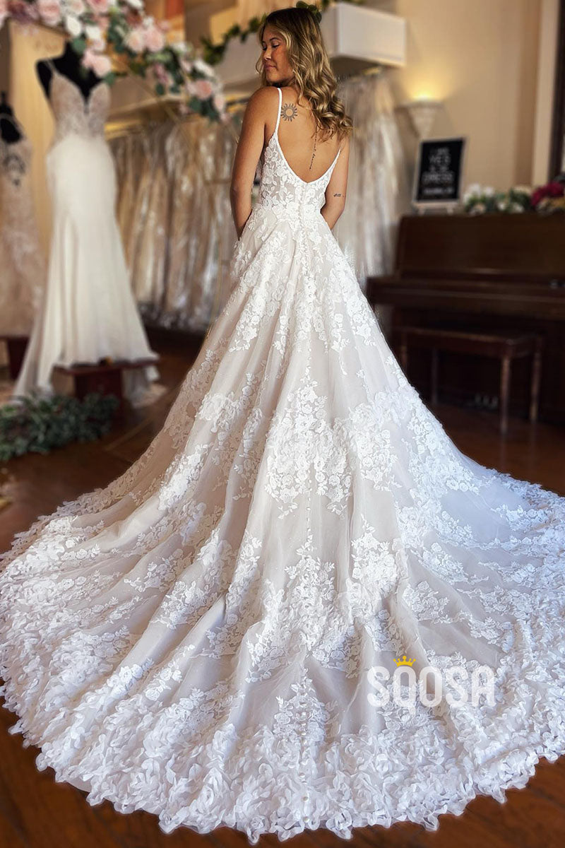 A Line V-neck Illusion Lace Wedding Dress with Slit Bridal Gown QW2386|SQOSA
