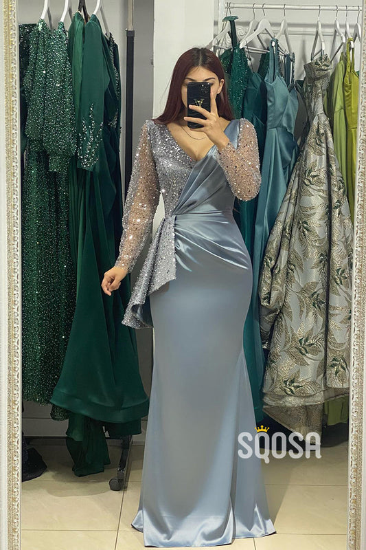 Sexy V-Neck Pleats Long Sleeves Formal Evening Gowns QP2991
