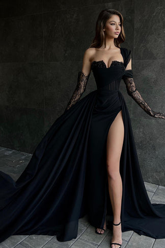 A Line Lace Appliques High Split Black Long Prom Formal Dress QP1400 ...