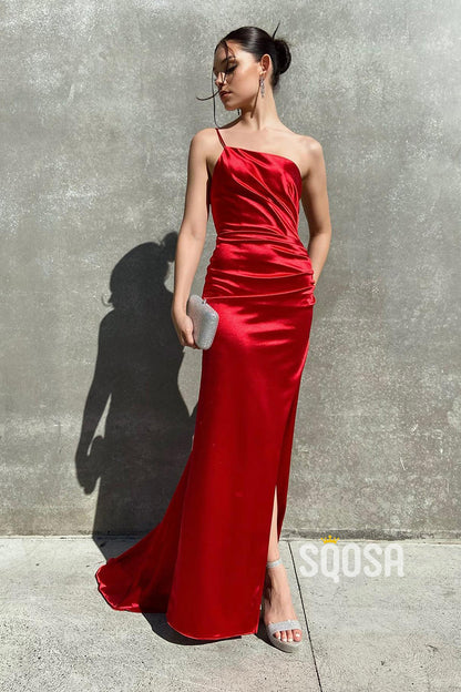 One Shoulder Pleats Red Simple Long Prom Dress QP2216