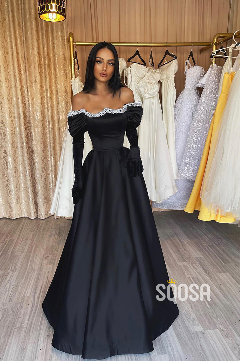 A-line Off the Shoulder Beads Long Sleeves Vintage Black Prom Formal Gowns QP2226