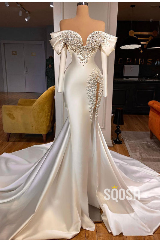 Sexy V-Neck Luxury Beads Long Sleeves Satin Wedding Dress Court Train QW2465