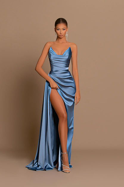 Sexy V-Neck Satin Pleated Sheath Long Prom Formal Dress with Slit Dusty Blue Bridesmaid Dress QP1030