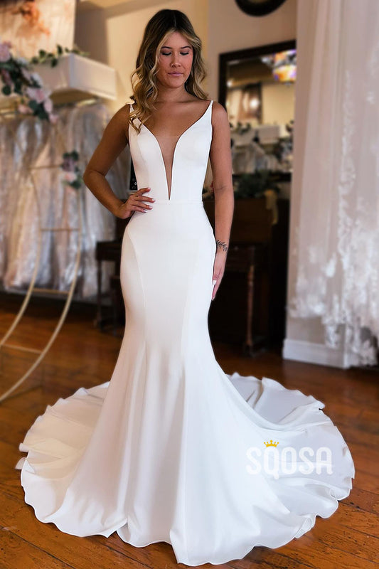 Plunging V-Neck Simple Rustic Wedding Dress QW2398|sqosa