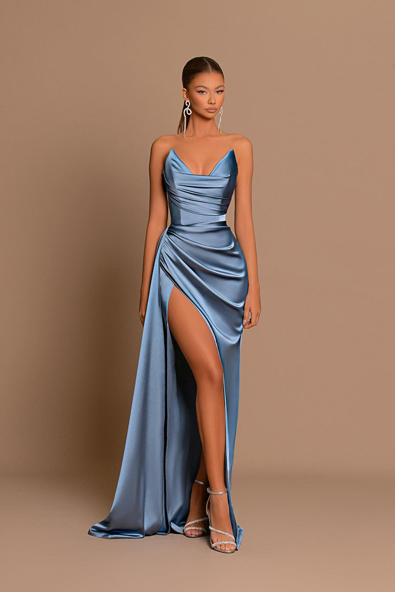 Sexy V-Neck Satin Pleated Sheath Long Prom Formal Dress with Slit QP1030