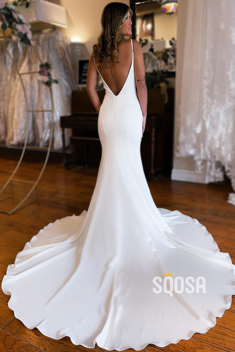 Plunging V-Neck Simple Rustic Wedding Dress QW2398|sqosa