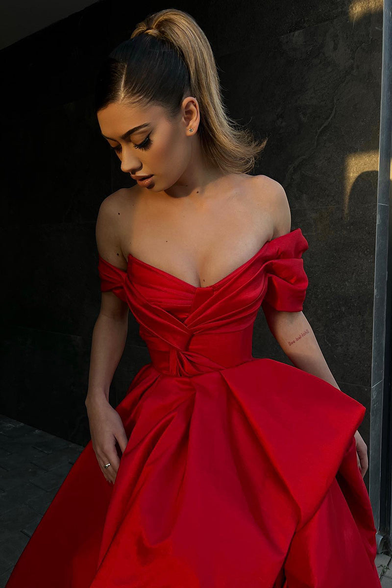 Ball Gown Off the Shoulder Short Sleeves Red Long Prom Formal Gowns QP1417