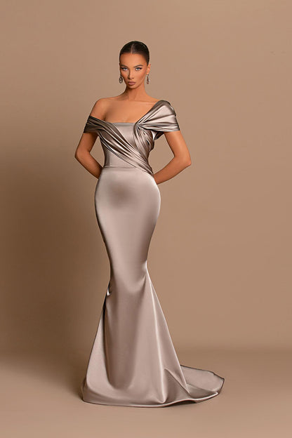 Unique Off the Shoulder Pleated Mermaid Formal Evening Gown QP1018
